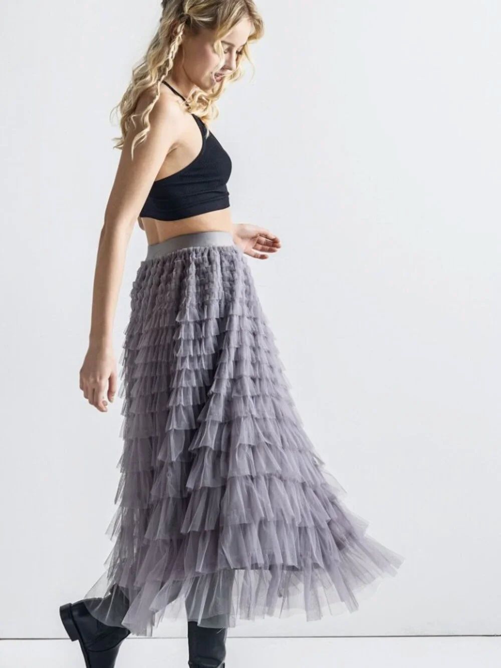 NWT Noflik Tiered Tuille Layered Ruffled Grey Skirt XL